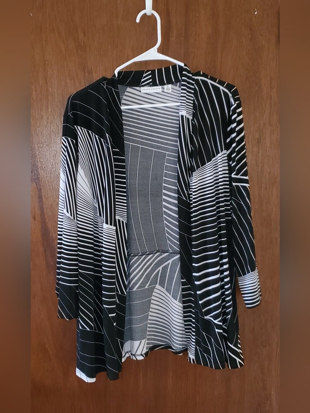 Susan Graver Liquid Knit Black & White Open-Front Cardigan Sz Xl